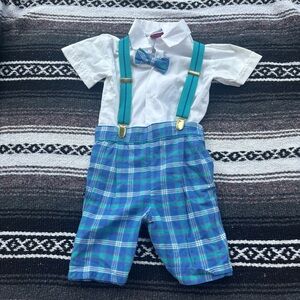 VINTAGE BEST BUDDY GREEN PLAID SUSPENDER BOW TIE OUTFIT SET SIZE 12 MONTHS